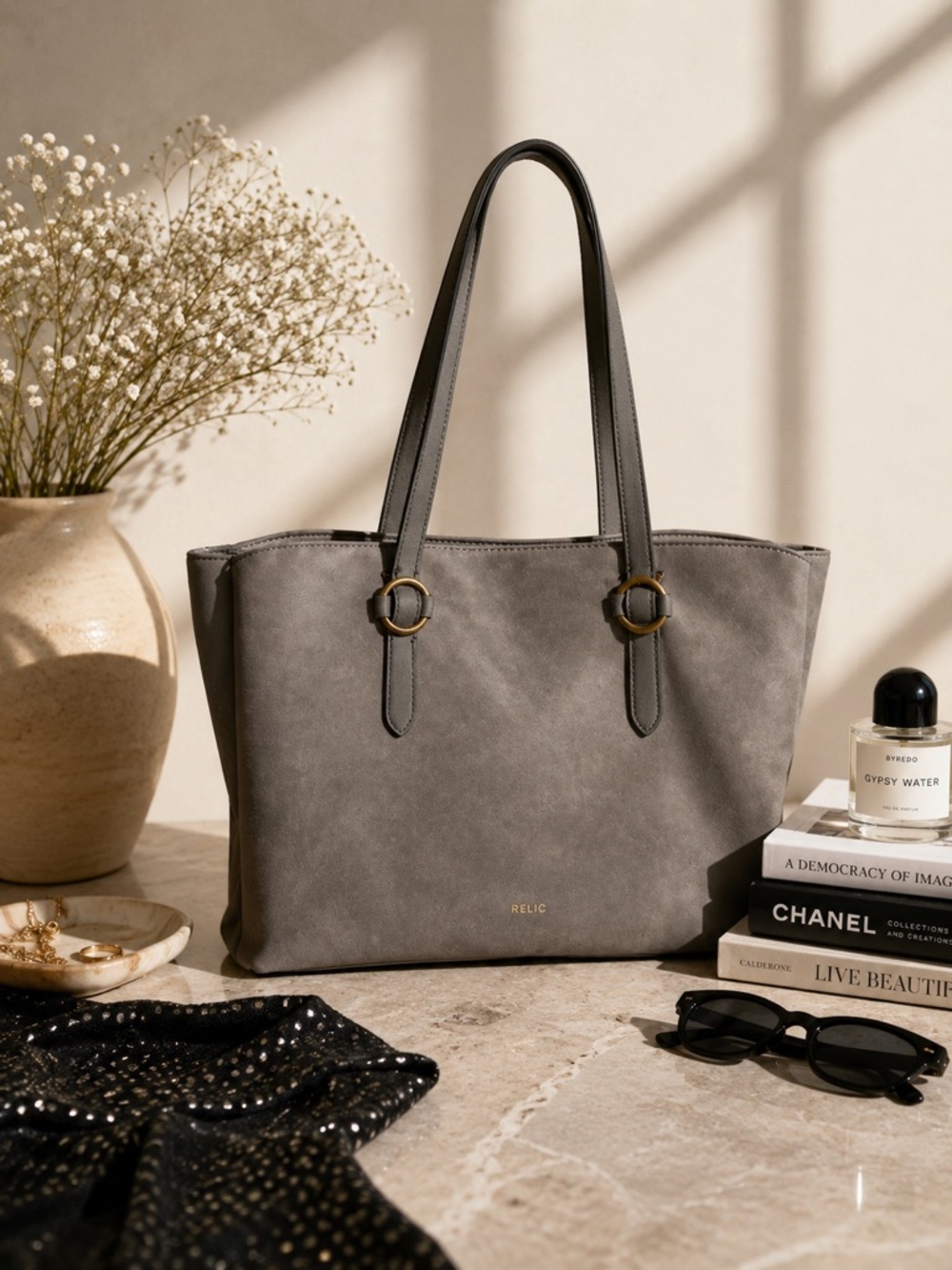 Relic Gray Tote with Gold Ring Accents